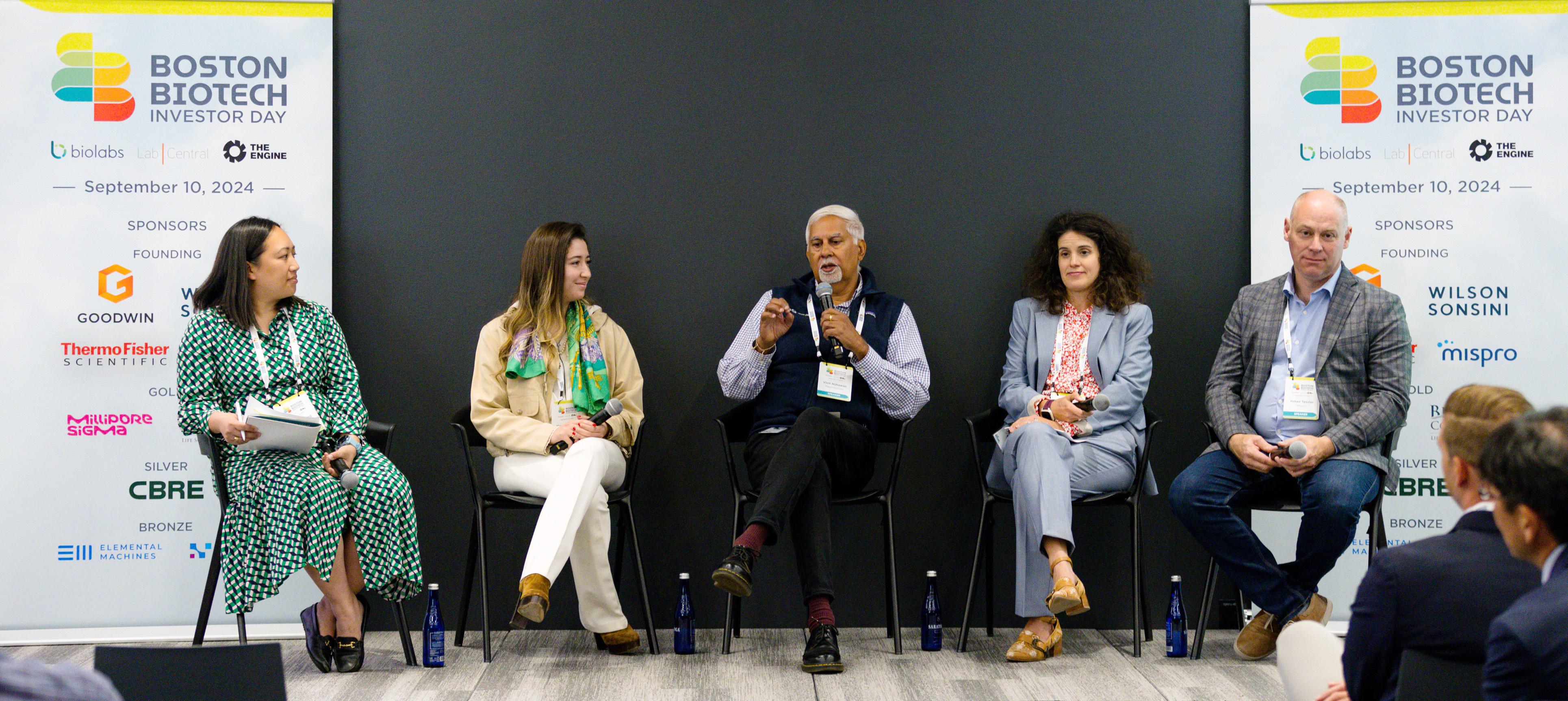 Panel of five Boston biotech industry experts discussing the funding landscape, highlighting challenges and opportunities for biotech startups and entrepreneurs.