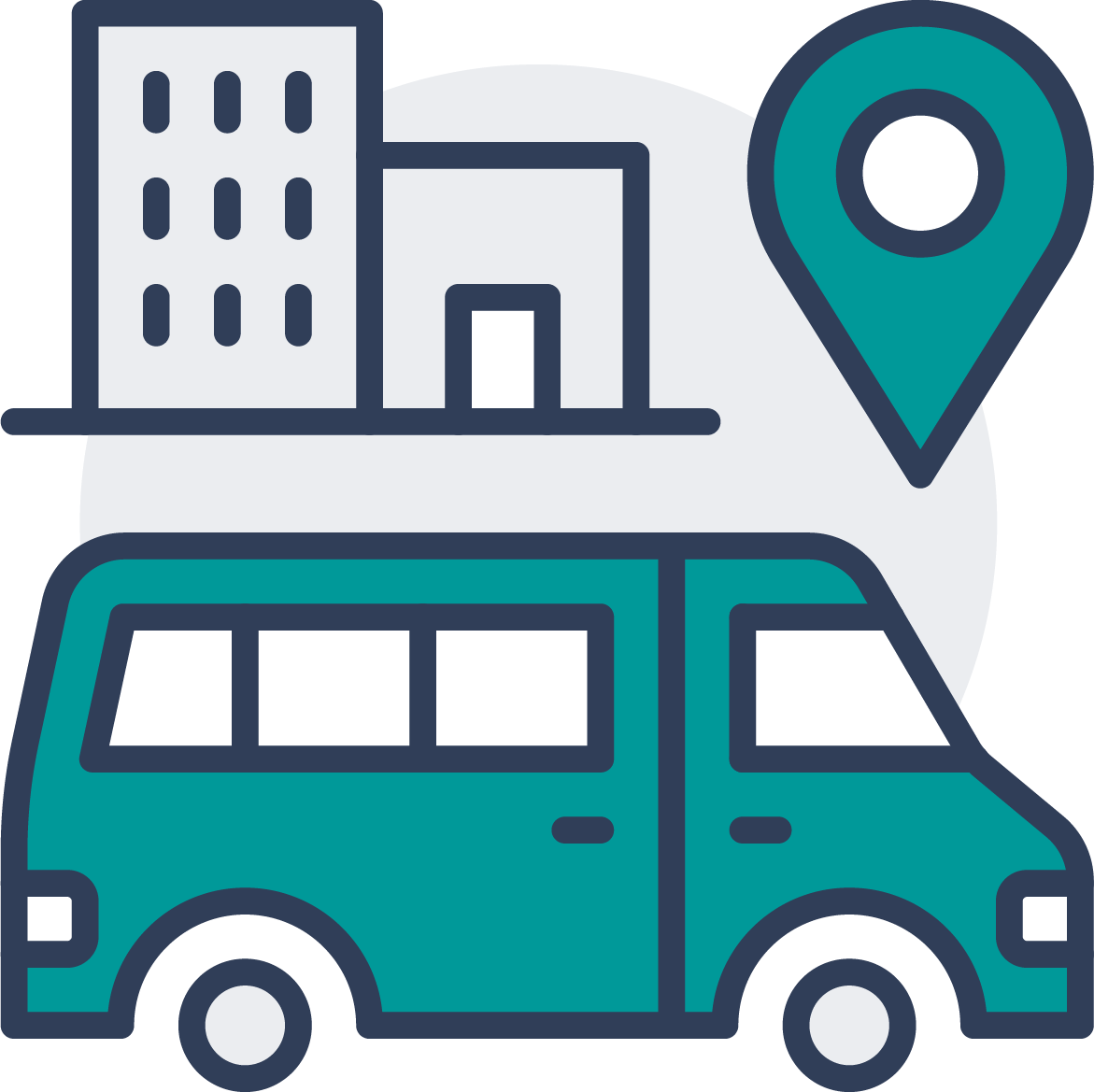 vector icon of a bus traveling towards an office building